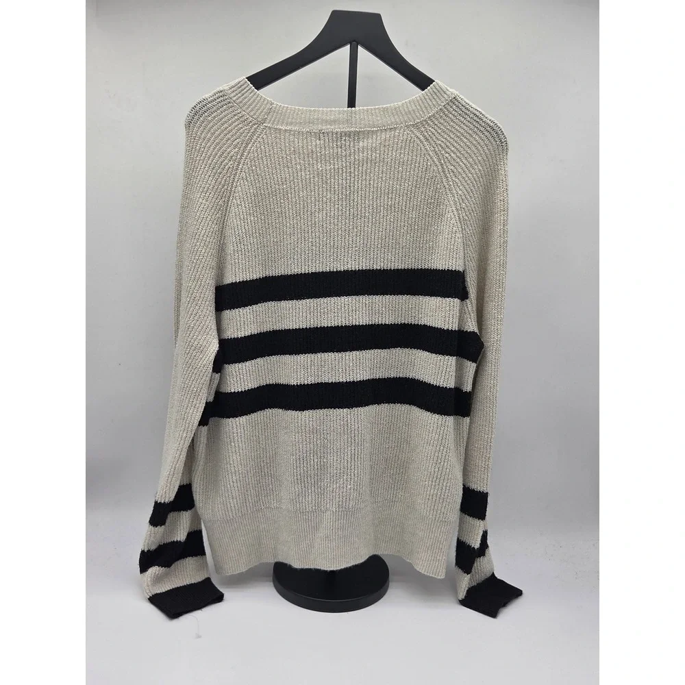 Love Ellie Women's XL Cream Black Striped Knit Crewneck Sweater 101-795